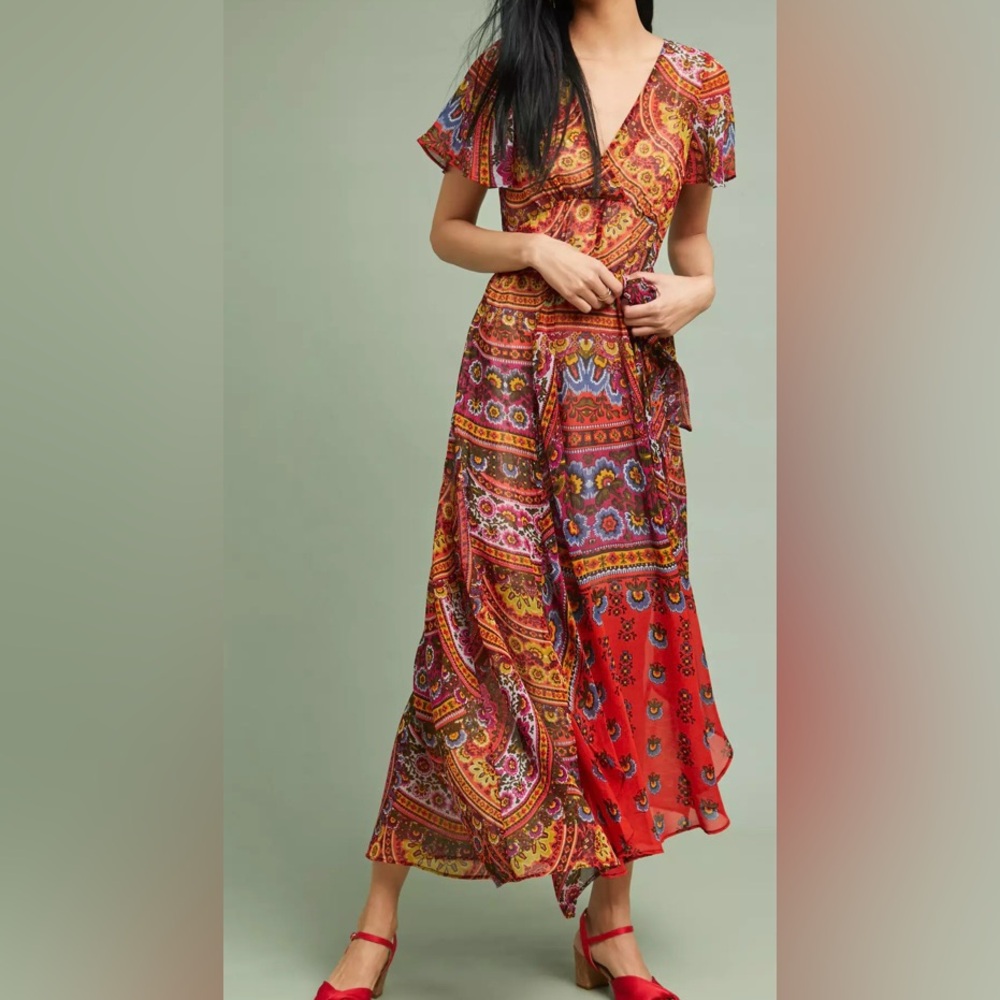 Anthropologie Boho Paisley Maxi Dress in Red and Gold